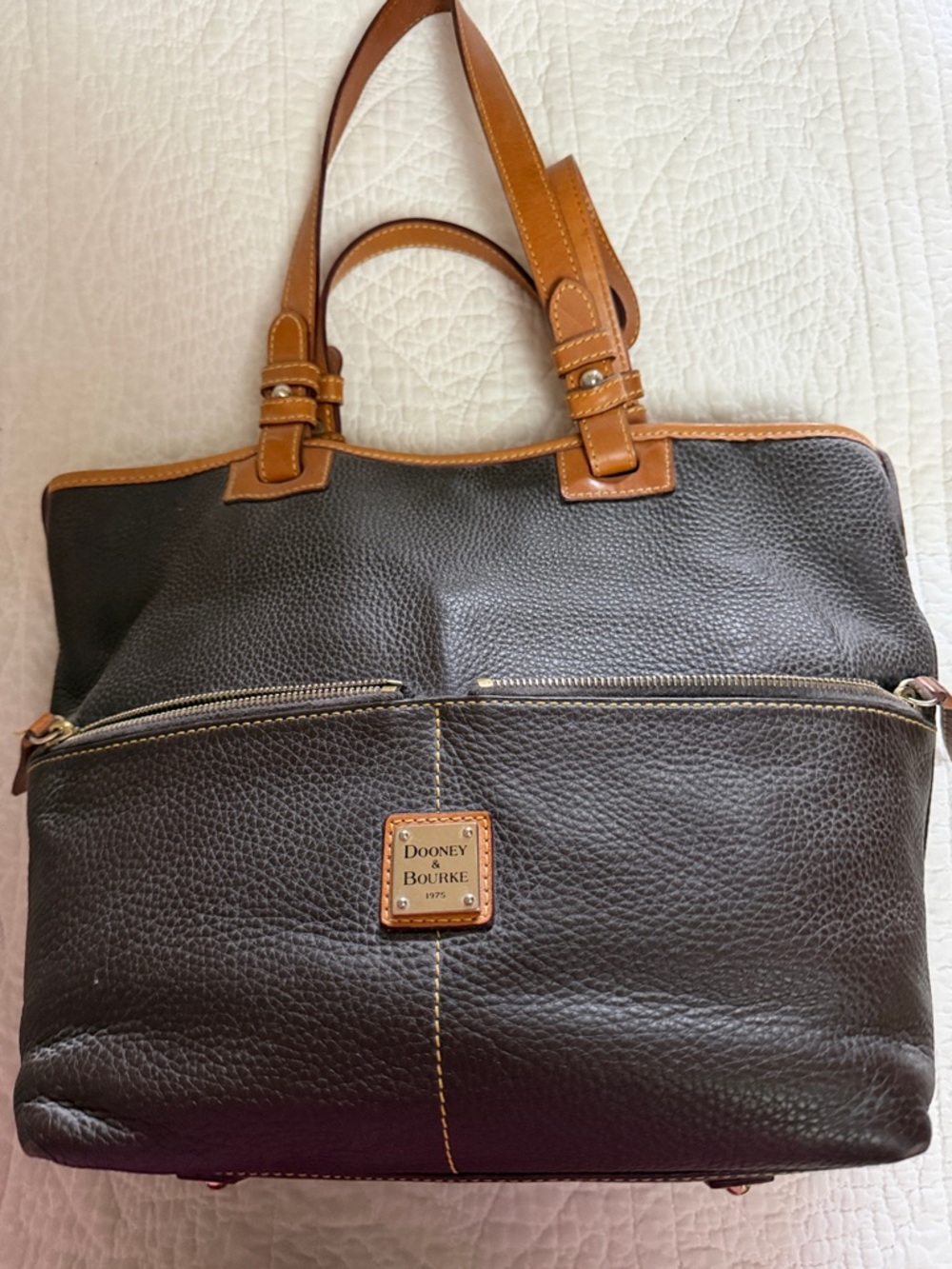Dooney & Bourke Dark Brown Leather Tote with Tan Trim